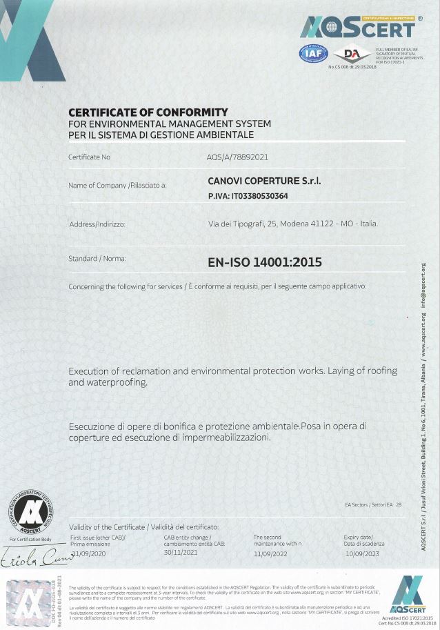 Certificato di conformità Canovi Coperture